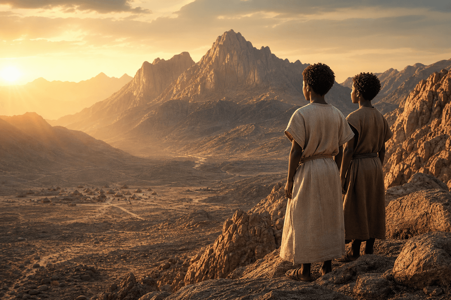 Children overlooking Mount Sinai at sunrise